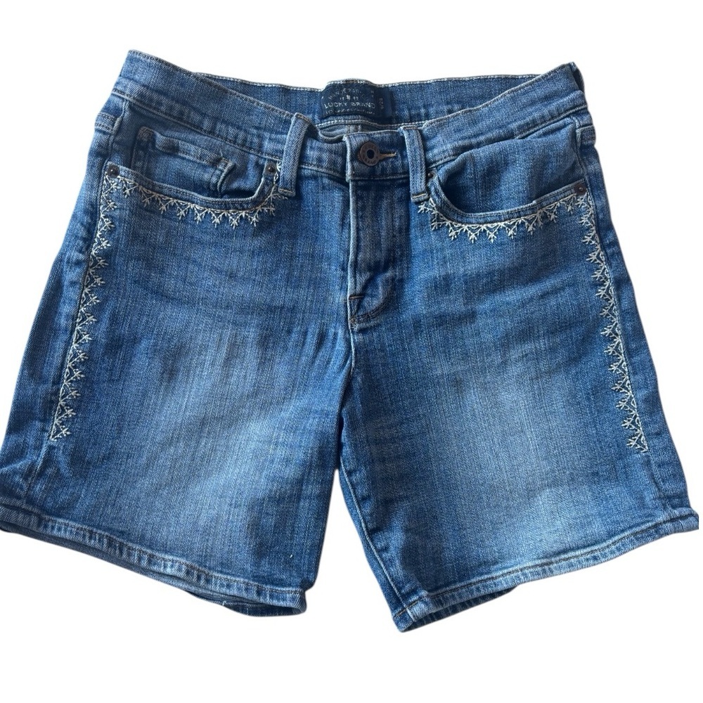 Lucky Brand The Roll Up Embroidered Denim Shorts Boho Floral Mid Rise 6 28